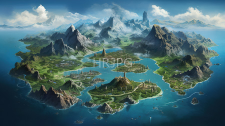 High Resolution: Fantasy landscape depicting an archipelago of lush green islands with towering rocky peaks and misty mountains download. | HRJPG.com