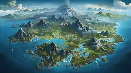 High Resolution: Expansive mountainous island with jagged peaks and lush greenery surrounded by blue waters under cloudy skies download. | HRJPG.com