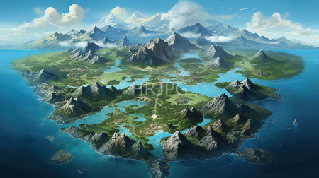 High Resolution: Island with jagged rocky mountains and lush green valleys surrounded by turquoise waters under clear blue skies download. | HRJPG.com