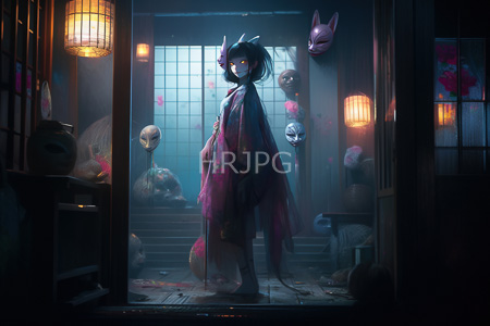 High Resolution: Eerie dim-lit Japanese room with wooden walls and paper lanterns featuring a mysterious female figure download. | HRJPG.com