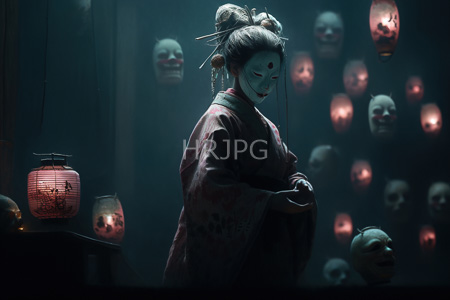 High Resolution: Asian woman in traditional pink kimono wearing a white mask featuring red markings amidst glowing paper lanterns download. | HRJPG.com