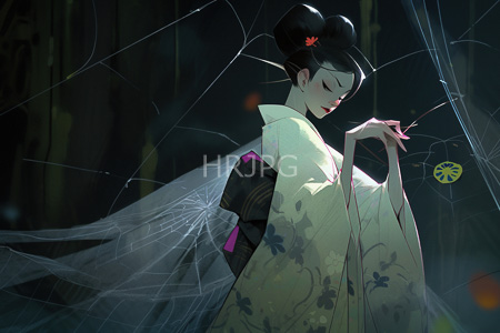 High Resolution: Elegant Japanese woman with pale skin wearing a cream kimono featuring floral patterns holding spider silk threads download. | HRJPG.com