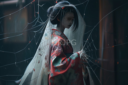 High Resolution: East Asian woman in traditional red and white floral kimono wearing spiderweb-patterned face paint download. | HRJPG.com