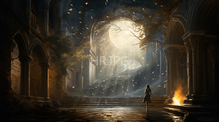 High Resolution: Atmospheric moonlit temple with arched columns and steps leading to a glowing full-moon entrance download. | HRJPG.com