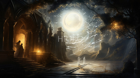 High Resolution: Ethereal moonlit scene with two white-robed figures standing on stone steps before ancient ruins download. | HRJPG.com