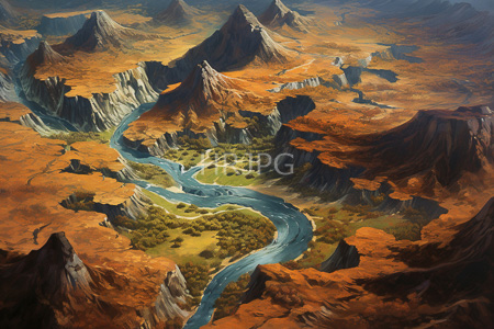 High Resolution: Expansive rugged landscape featuring towering mountains with jagged peaks and deep valleys filled by winding blue rivers download. | HRJPG.com