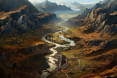 High Resolution: Vast rugged mountain landscape with jagged peaks and deep valleys under soft daylight download. | HRJPG.com