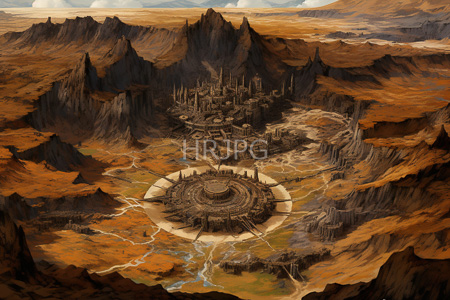 High Resolution: Two massive complex structures resembling ancient ruins or futuristic cities in a barren desert landscape download. | HRJPG.com