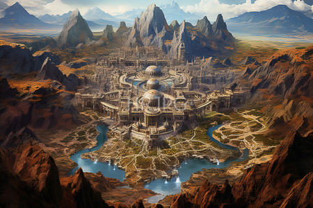 High Resolution: Sprawling ancient city with multiple domed structures nestled in rugged mountains and valleys surrounded by winding rivers download. | HRJPG.com