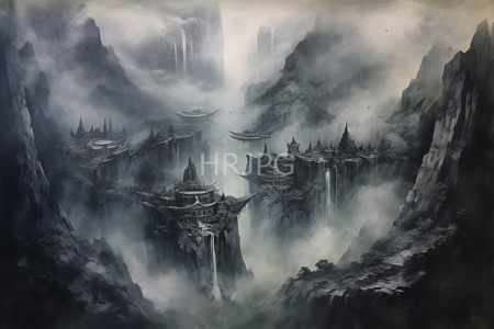 High Resolution: Ethereal misty landscape with towering dark cliffs and floating city structures resembling ancient Chinese architecture download. | HRJPG.com