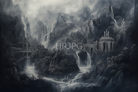 High Resolution: Atmospheric monochromatic painting depicting a misty mountain landscape with cascading waterfalls and two grandiose stone buildings download. | HRJPG.com