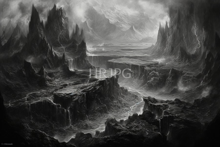 High Resolution: Monochromatic fantasy landscape painting depicts jagged black rock formations with sharp peaks and deep valleys download. | HRJPG.com