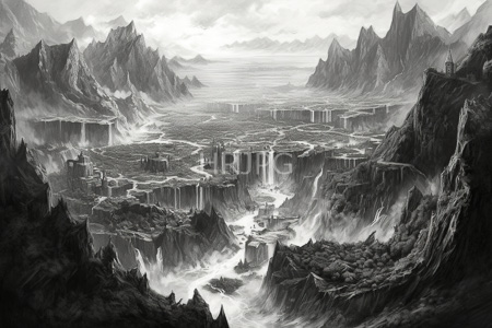 High Resolution: Expansive rugged mountainous landscape with numerous waterfalls cascading down jagged cliffs into a vast valley download. | HRJPG.com