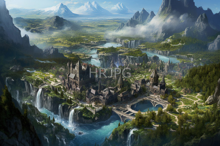 High Resolution: Enchanting medieval-style village nestled among lush greenery and rocky mountains with cascading waterfalls download. | HRJPG.com