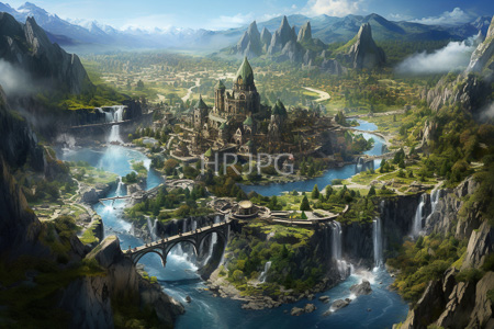 High Resolution: Enchanting medieval-style castle on rocky cliffs surrounded by lush greenery and multiple cascading waterfalls download. | HRJPG.com