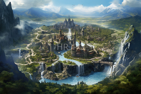 High Resolution: Enchanting medieval-style castle surrounded by lush greenery and multiple waterfalls cascading into blue lakes download. | HRJPG.com