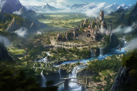 High Resolution: Enchanting medieval castle with multiple towers and spires nestled among lush green valleys download. | HRJPG.com