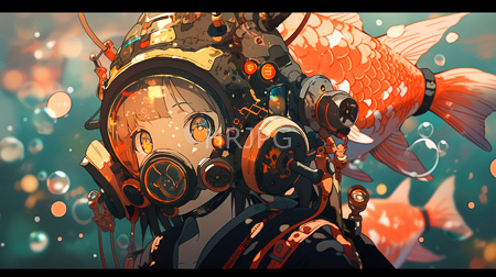 High Resolution: Anime-style illustration of an underwater scene featuring a young girl with large round eyes wearing futuristic diving gear download. | HRJPG.com