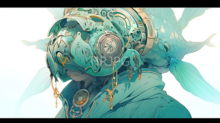 High Resolution: Androgynous figure with teal mechanical headgear adorned in gears wires fish-like fins download. | HRJPG.com