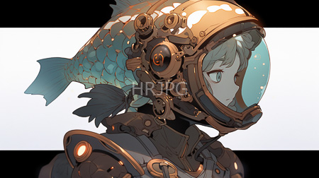 High Resolution: Androgynous character wearing intricate steampunk-style fish helmet featuring detailed scales in blue-green hues download. | HRJPG.com