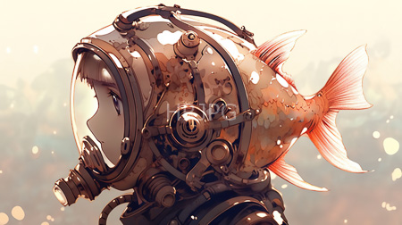 High Resolution: Anime-style illustration of an androgynous character with short white hair wearing a fish-shaped diving helmet download. | HRJPG.com