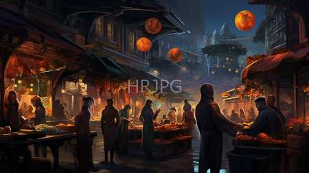 High Resolution: Illuminated night market with medieval-style architecture featuring vendors and customers in cloaks download. | HRJPG.com