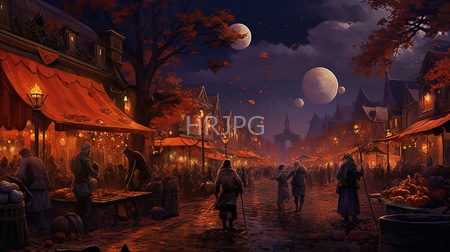 High Resolution: Autumn night market under full moons and stars with warm orange lanterns illuminating cobblestone streets download. | HRJPG.com
