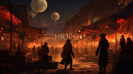 High Resolution: Evening market under three large moons in a fantasy setting with warm orange and red lighting download. | HRJPG.com
