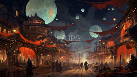 High Resolution: Illuminated night market under large glowing moons with red tattered canopies overhead download. | HRJPG.com