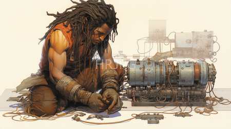 High Resolution: African man with long dark dreadlocks wearing tattered orange clothing working on intricate blue machinery download. | HRJPG.com