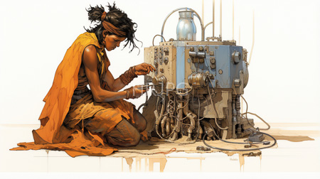 High Resolution: African woman with dark skin kneeling beside a large industrial machine adorned with pipes and wires download. | HRJPG.com