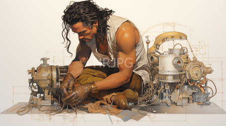 High Resolution: Muscular brown-skinned man with long black hair kneeling on workshop floor working on complex mechanical engine parts download. | HRJPG.com