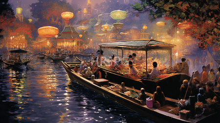 High Resolution: Enchanting nighttime river market scene illuminated by glowing lanterns and warm lights reflecting on dark water download. | HRJPG.com