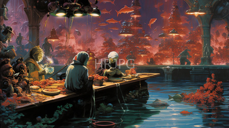 High Resolution: Underwater market scene with three humanoid figures preparing food on wooden stalls surrounded by glowing red fish-like creatures download. | HRJPG.com