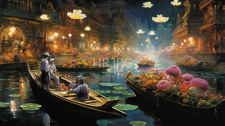 High Resolution: Enchanting nocturnal floating market with illuminated lotus flowers hanging above and colorful flower-filled boats download. | HRJPG.com
