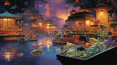 High Resolution: Enchanting twilight-lit aquatic village with glowing lanterns and intricately designed buildings surrounded by lush greenery download. | HRJPG.com