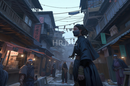High Resolution: Asian-style snowy street market at dusk with misty atmosphere featuring a masked ninja in dark robes download. | HRJPG.com