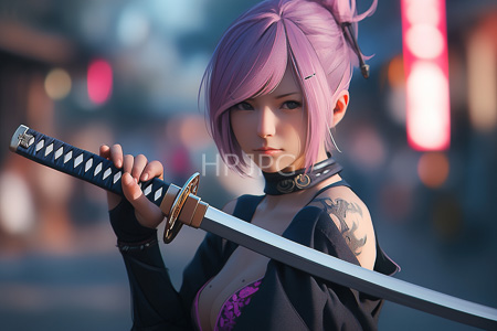 High Resolution: Anime-style woman with pink hair in a bun holding a katana over her shoulder against a blurred city night background download. | HRJPG.com