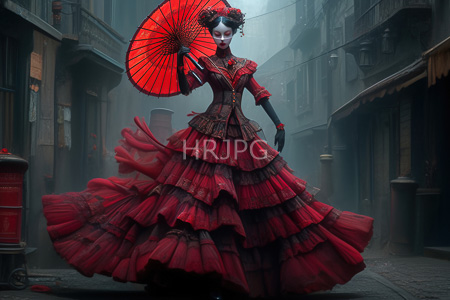 High Resolution: Elegant skeletal female figure in Victorian-style red dress holding a vibrant orange parasol download. | HRJPG.com