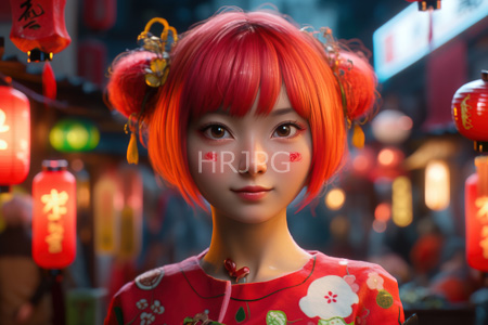 High Resolution: Asian woman with vibrant red hair in double buns adorned with yellow flowers and beads download. | HRJPG.com