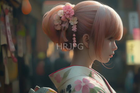 High Resolution: Anime-style girl with pink hair in a bun adorned with cherry blossoms wearing a floral kimono download. | HRJPG.com