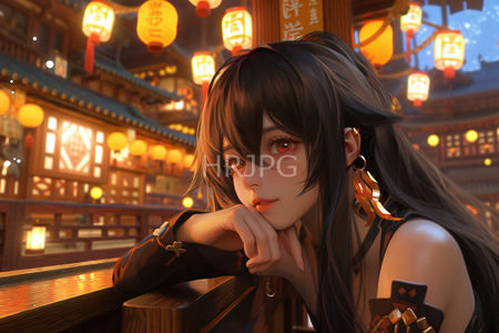 High Resolution: Anime-style girl with long black hair leaning on wooden railings before traditional Asian lanterns download. | HRJPG.com