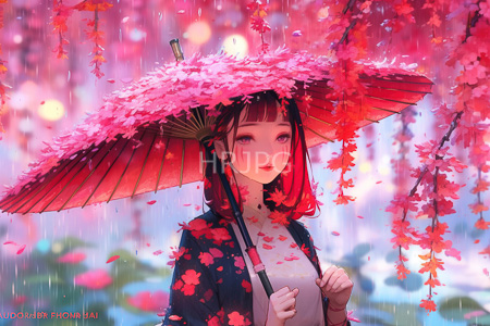 High Resolution: Anime-style illustration of an Asian woman holding a red paper umbrella adorned in falling cherry blossoms petals download. | HRJPG.com