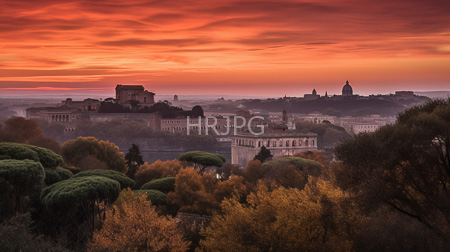 High Resolution: Italian cityscape at sunset featuring vibrant orange and red skies with dramatic clouds overhead download. | HRJPG.com