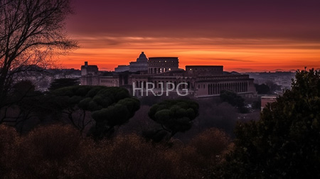 High Resolution: Ancient Roman palace at sunset with vibrant orange and purple sky gradients in background download. | HRJPG.com