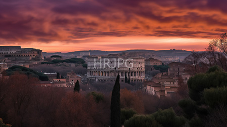 High Resolution: Rome at sunset featuring vibrant purple and orange clouds above ancient buildings including St Peter's Basilica download. | HRJPG.com