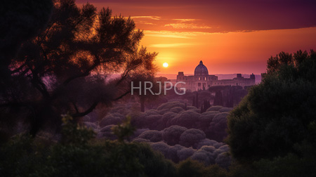 High Resolution: Ancient castle with domed towers set against a vibrant sunset sky in shades of orange and purple download. | HRJPG.com