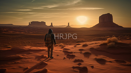 High Resolution: Individual with hooded jacket and backpack standing in sunlit desert landscape at sunset download. | HRJPG.com