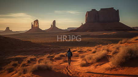 High Resolution: Expansive desert landscape at sunset featuring red sandstone formations under warm golden light download. | HRJPG.com