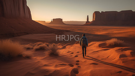 High Resolution: Individual wearing blue jacket and backpack walking in sunlit desert landscape at sunset download. | HRJPG.com